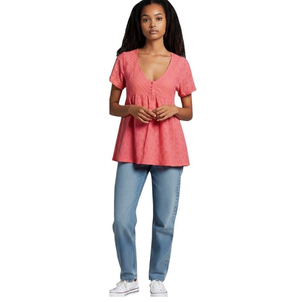 BCBGeneration Womens Top Pink Eyelet Short Sleeve Scoop Neck Babydoll XS
